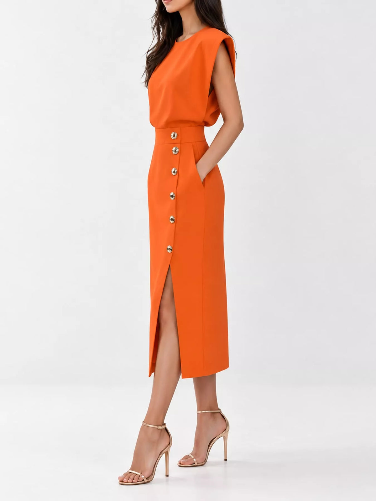 Sleeveless Gold-Tone Button-Detail Midi Dress