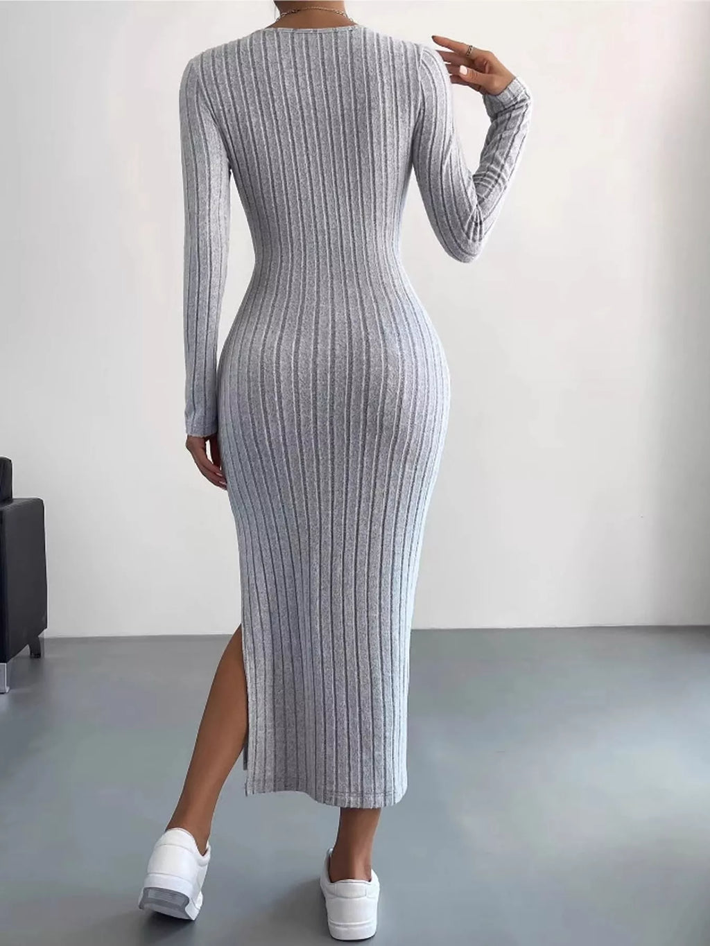 Long-Sleeve Side-Slit Ribbed Knit Midi Dress