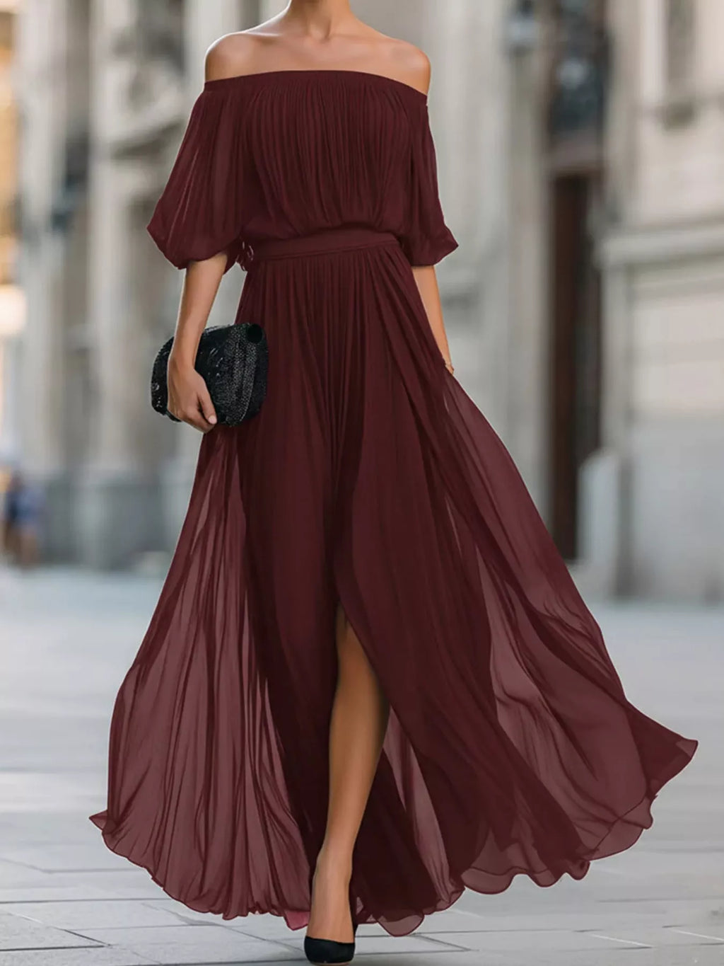 Off-Shoulder Ruched Chiffon Maxi Dress