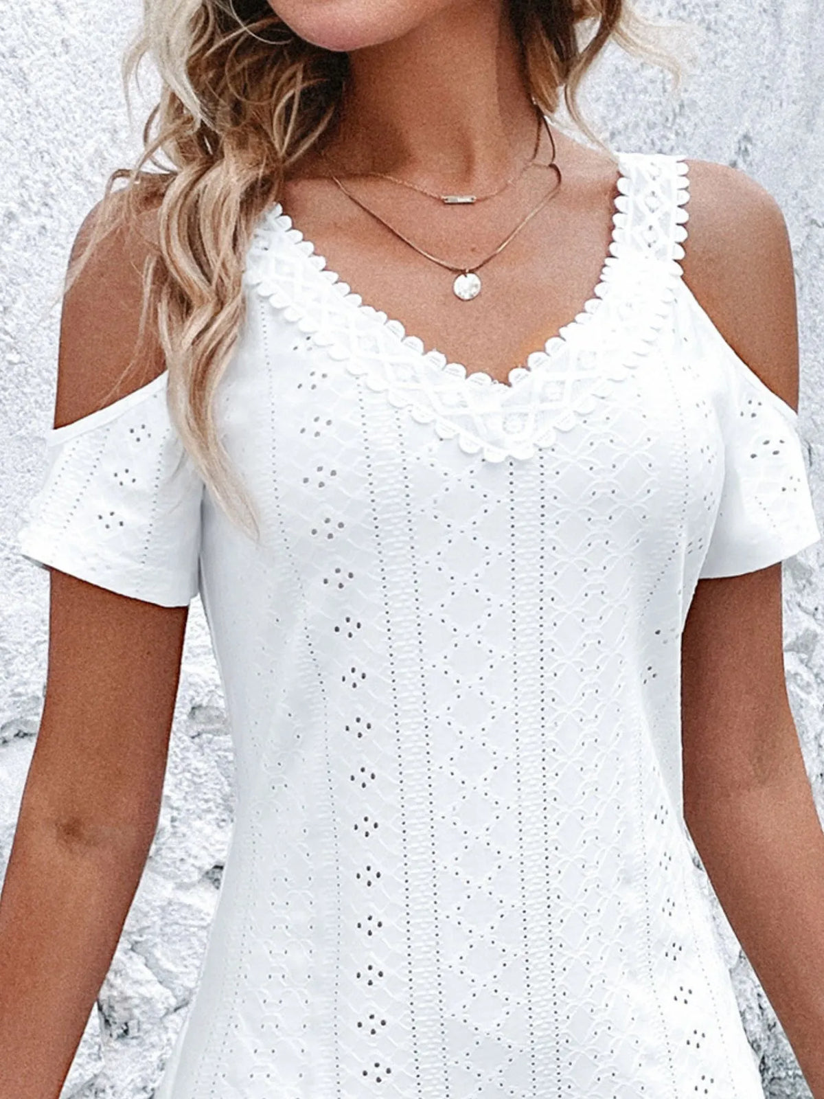 Cold-Shoulder V-Neck Eyelet Mini Dress