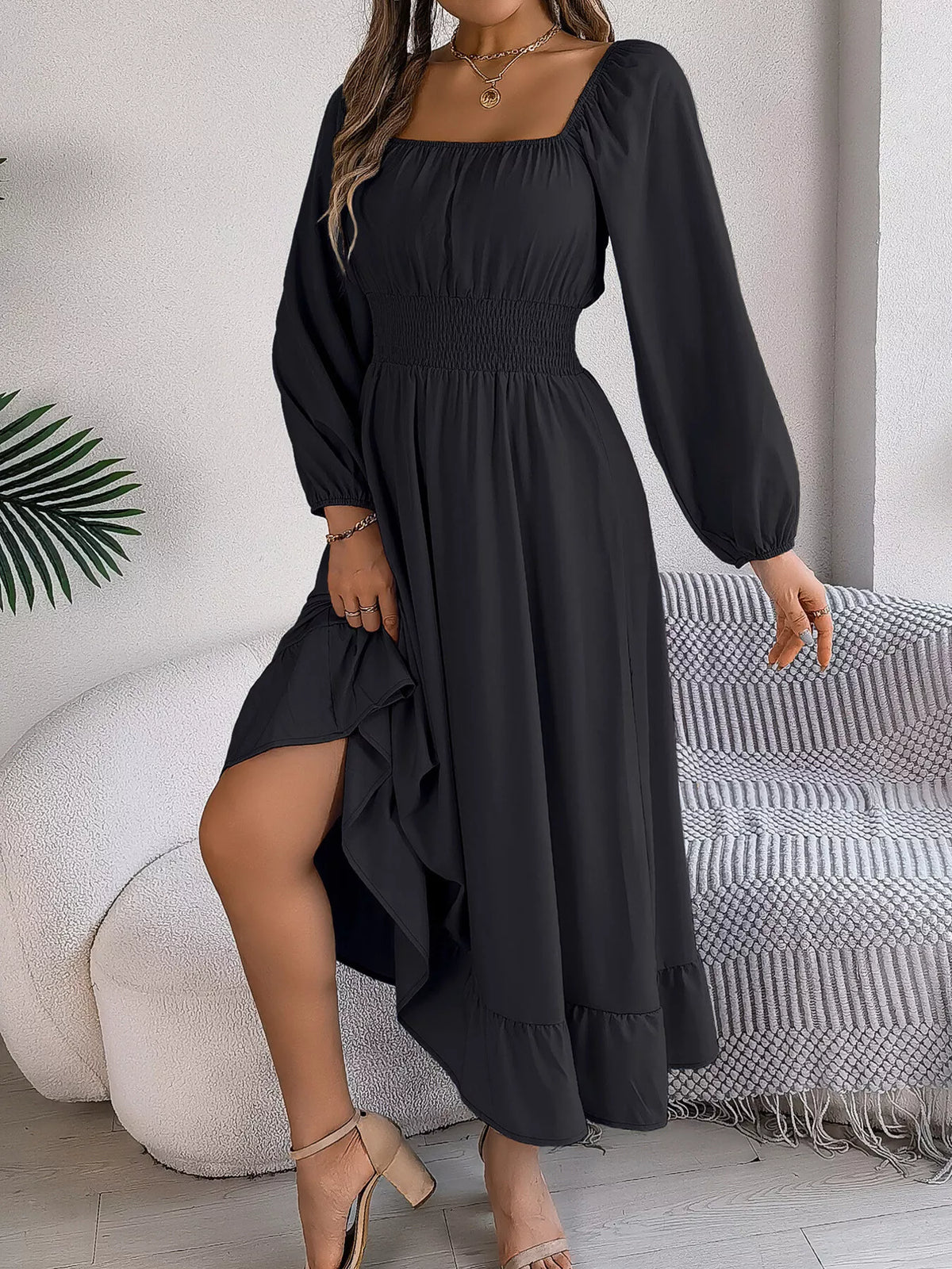 Square-Neck Smocked-Waist Long-Sleeve Midi Dress