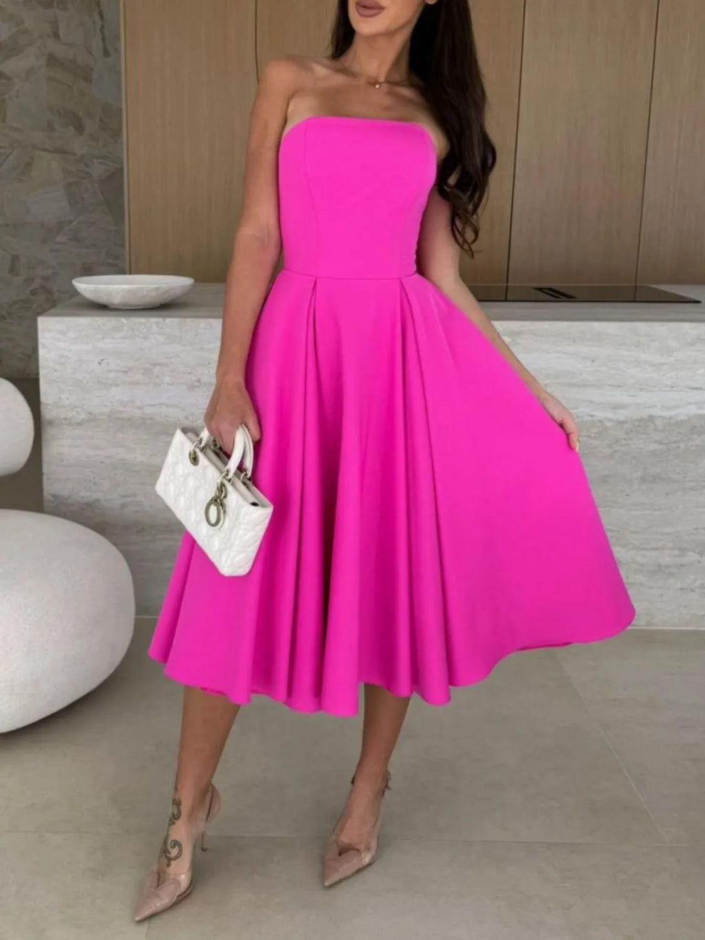 Solid-Color Tube Midi Dress