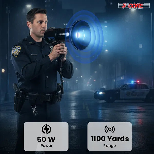 5 Core Megaphone 50W — Bluetooth Rechargeable Bullhorn with Siren, 1100 Yard Range — Prime Trend Market