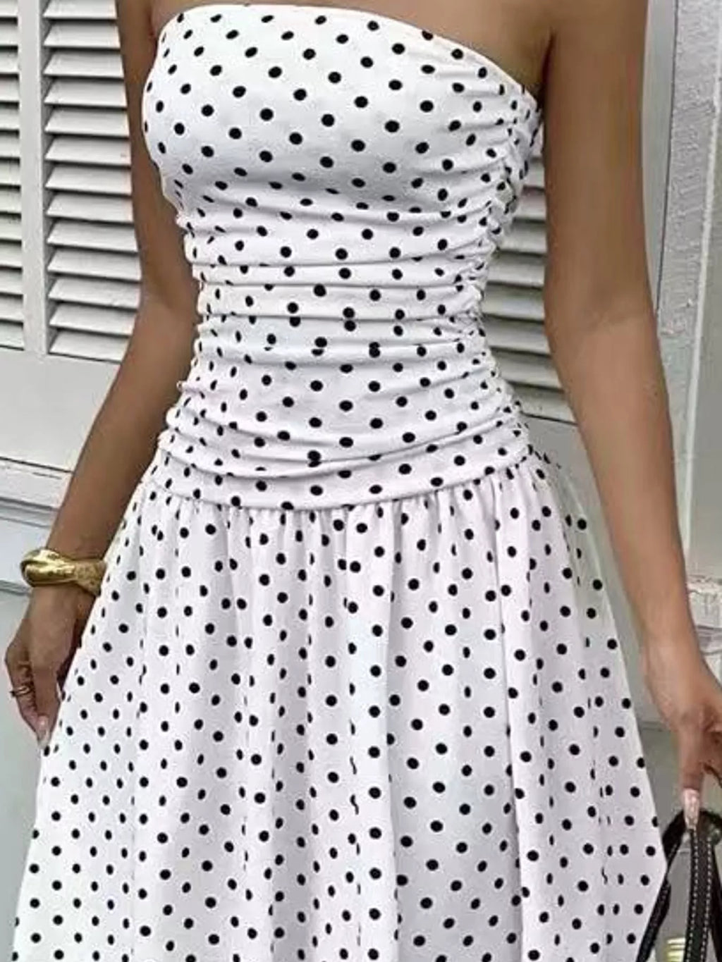 Strapless Polka-Dot Ruched Maxi Dress, S–2XL