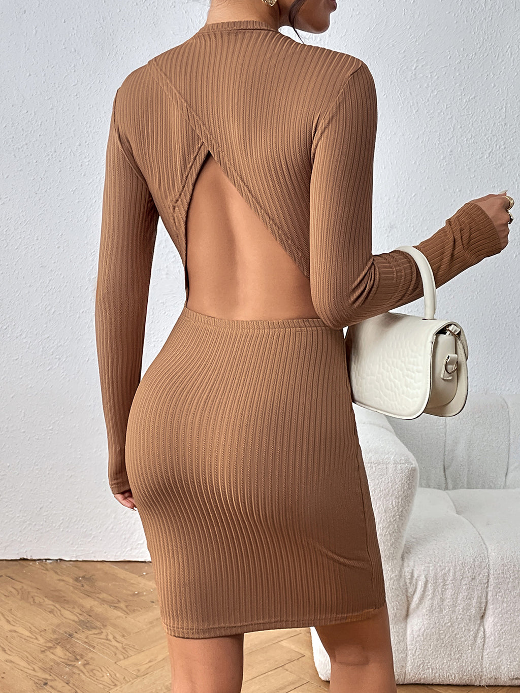 Ribbed Long-Sleeve Cutout Mini Dress