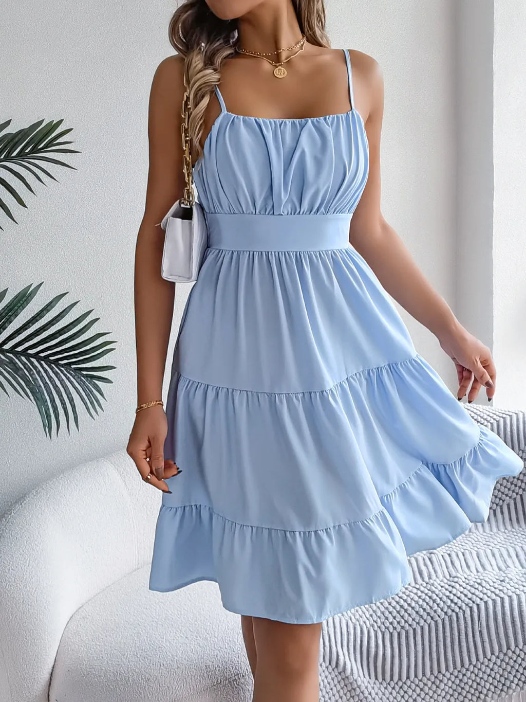 Smocked-Back Tiered Cami Mini Dress