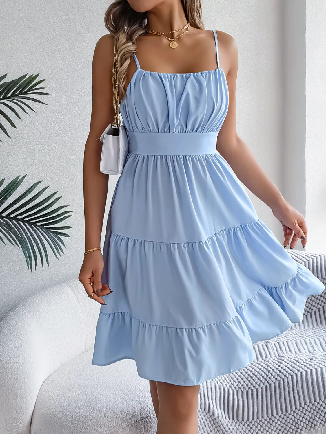 Smocked-Back Tiered Cami Mini Dress