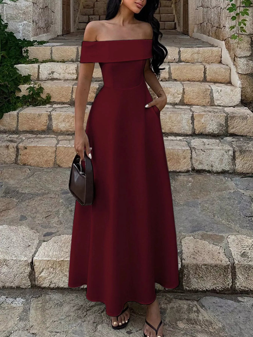 Burgundy Off-Shoulder A-Line Maxi Dress with Pockets