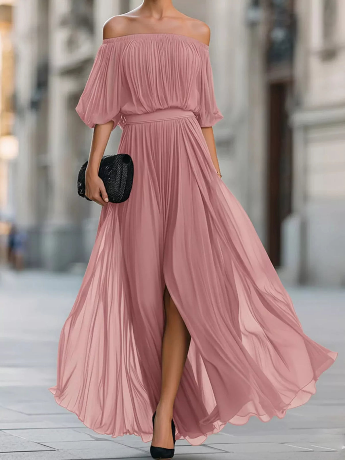 Off-Shoulder Ruched Chiffon Maxi Dress