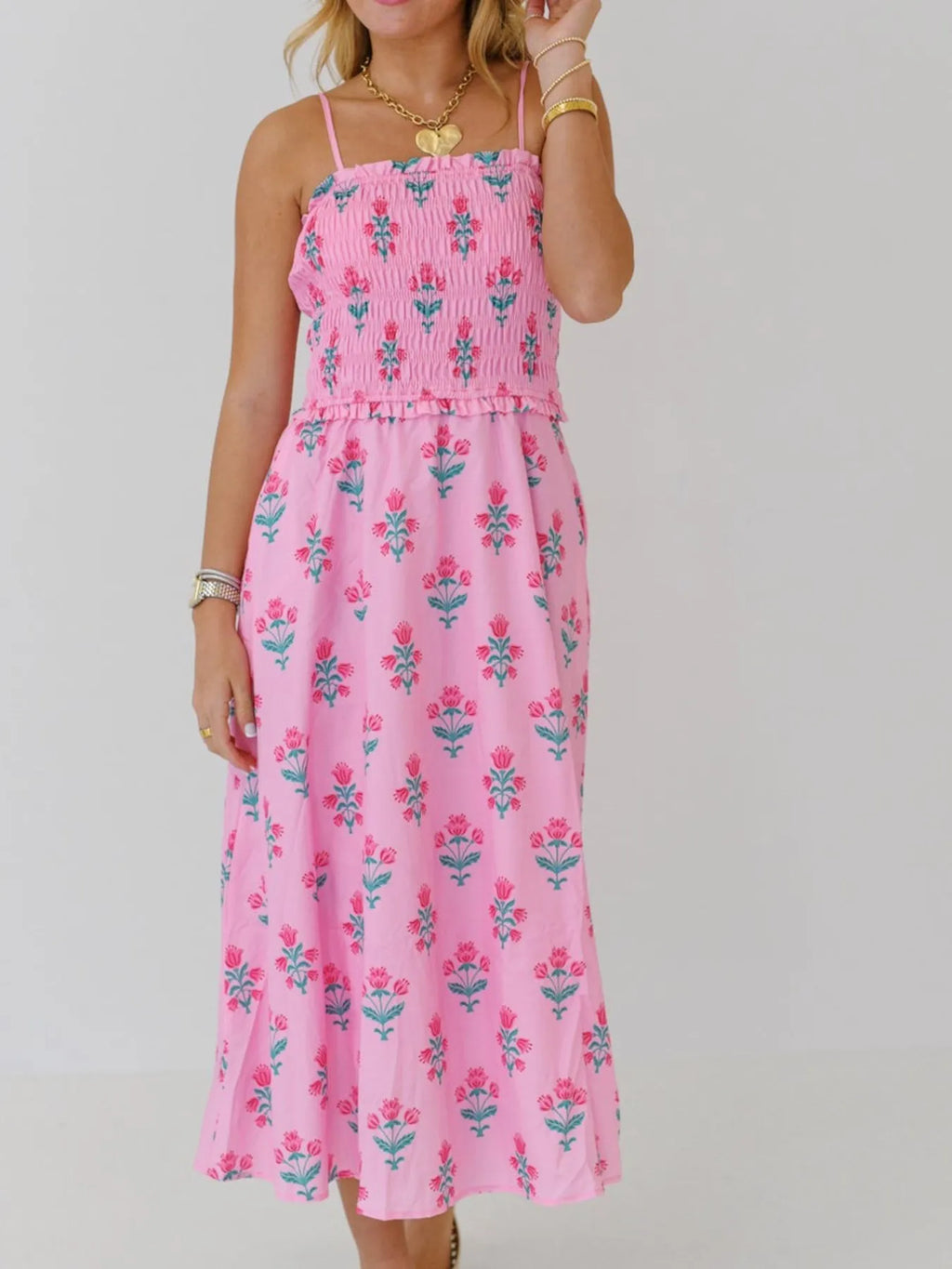 Floral Smocked Adjustable-Strap Midi Dress