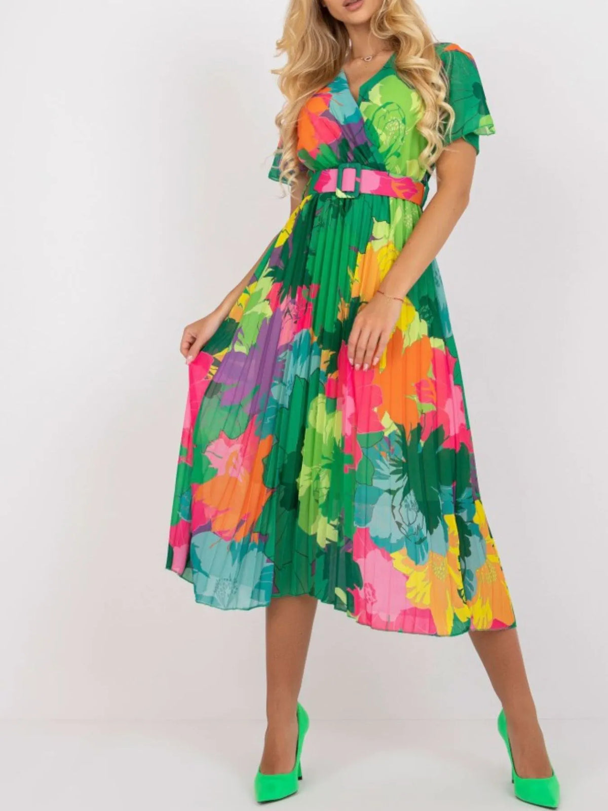 Printed Belted Pleated Wrap-Look Midi Dress