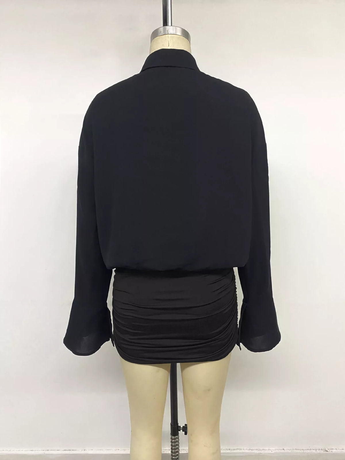 Black Button-Front Flounce-Sleeve Ruched Mini Dress