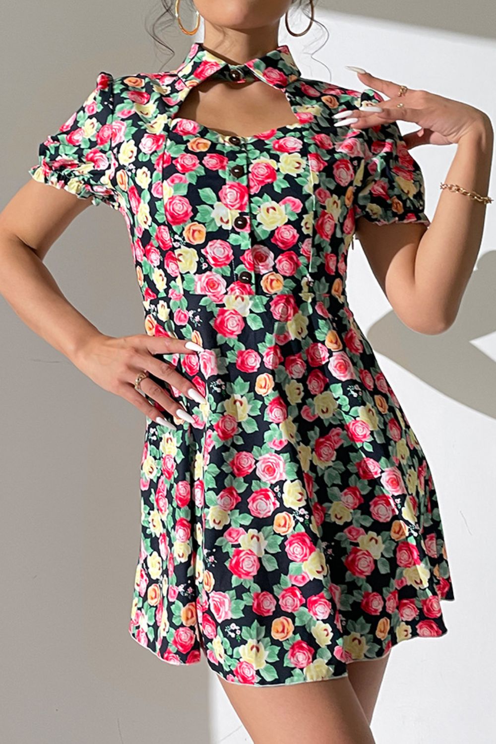 Floral Cutout Puff-Sleeve Mini Dress