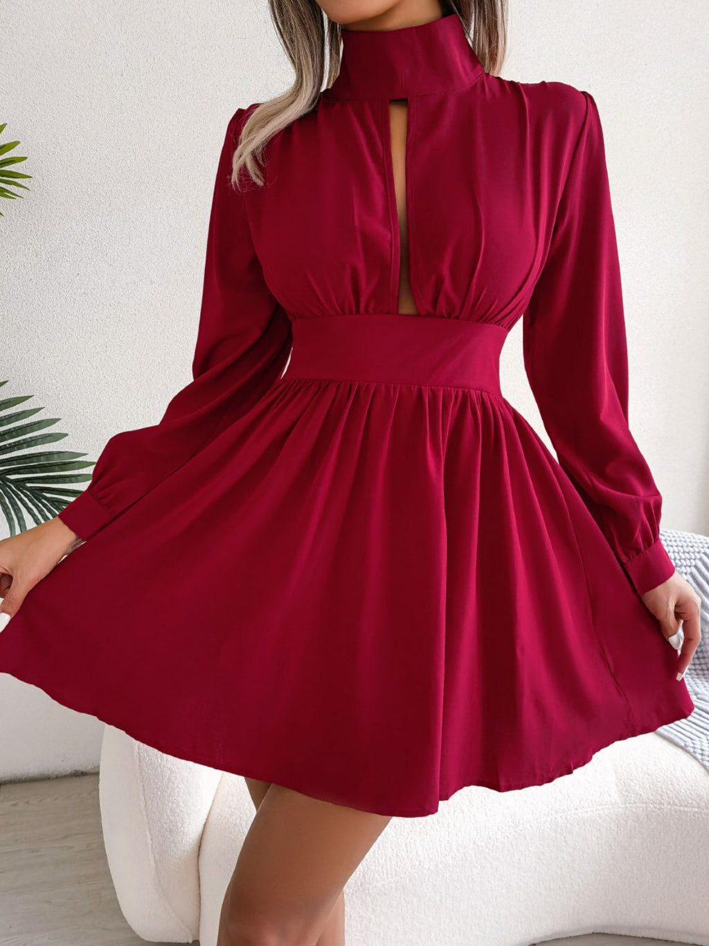 High-Neck Cutout Long-Sleeve A-Line Mini Dress