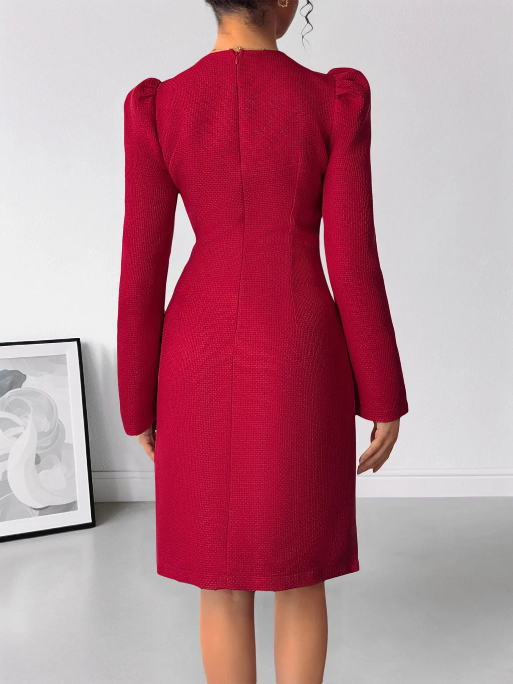 Perfee Pearl-Look Trim V-Neck Long-Sleeve Bodycon Dress