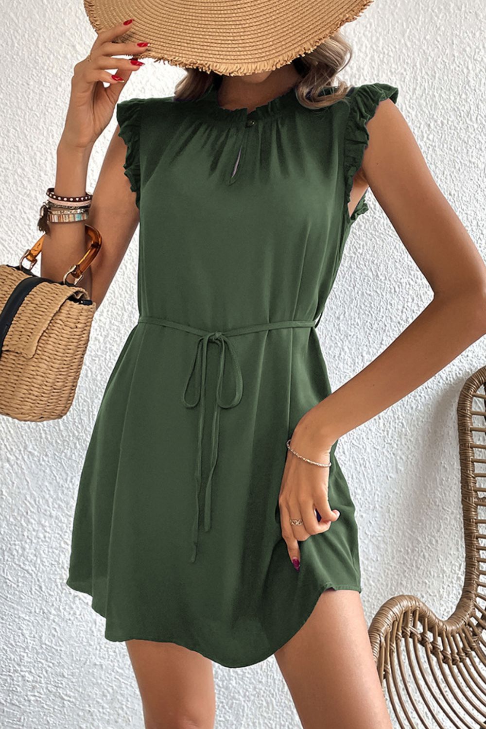 Perfee Ruffled Tie-Waist Keyhole Mini Dress