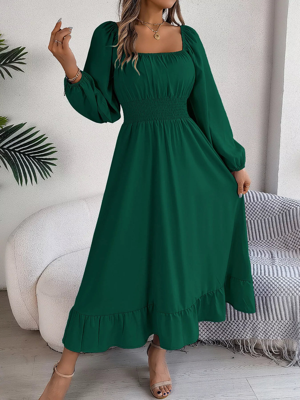 Square-Neck Smocked-Waist Long-Sleeve Midi Dress