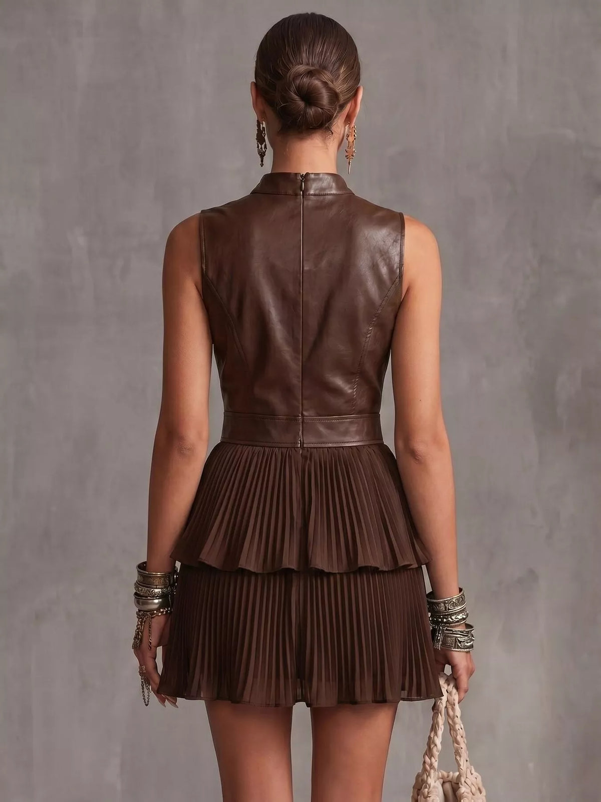 Sleeveless Faux-Leather Bodice Tiered Pleated Mini Dress