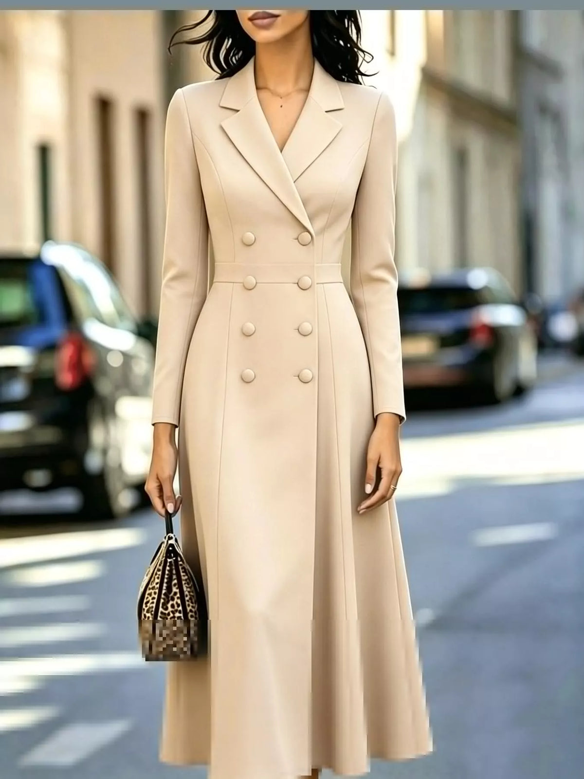 Double-Breasted Lapel-Collar Long-Sleeve Midi Dress