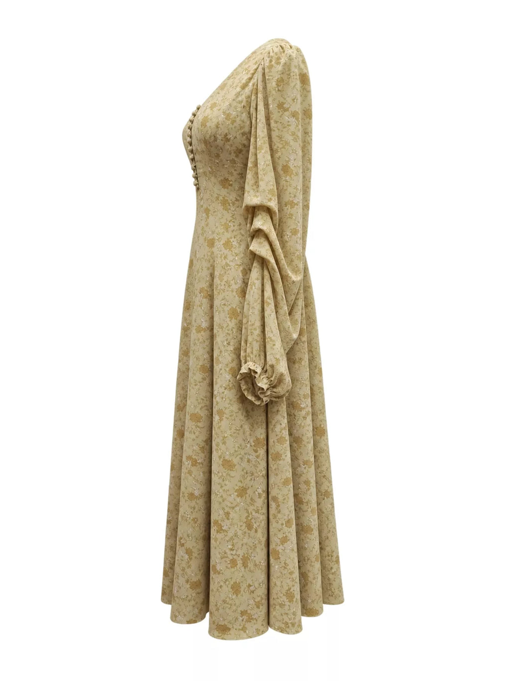 Yellow Floral V-Neck Long-Sleeve Midi Dress