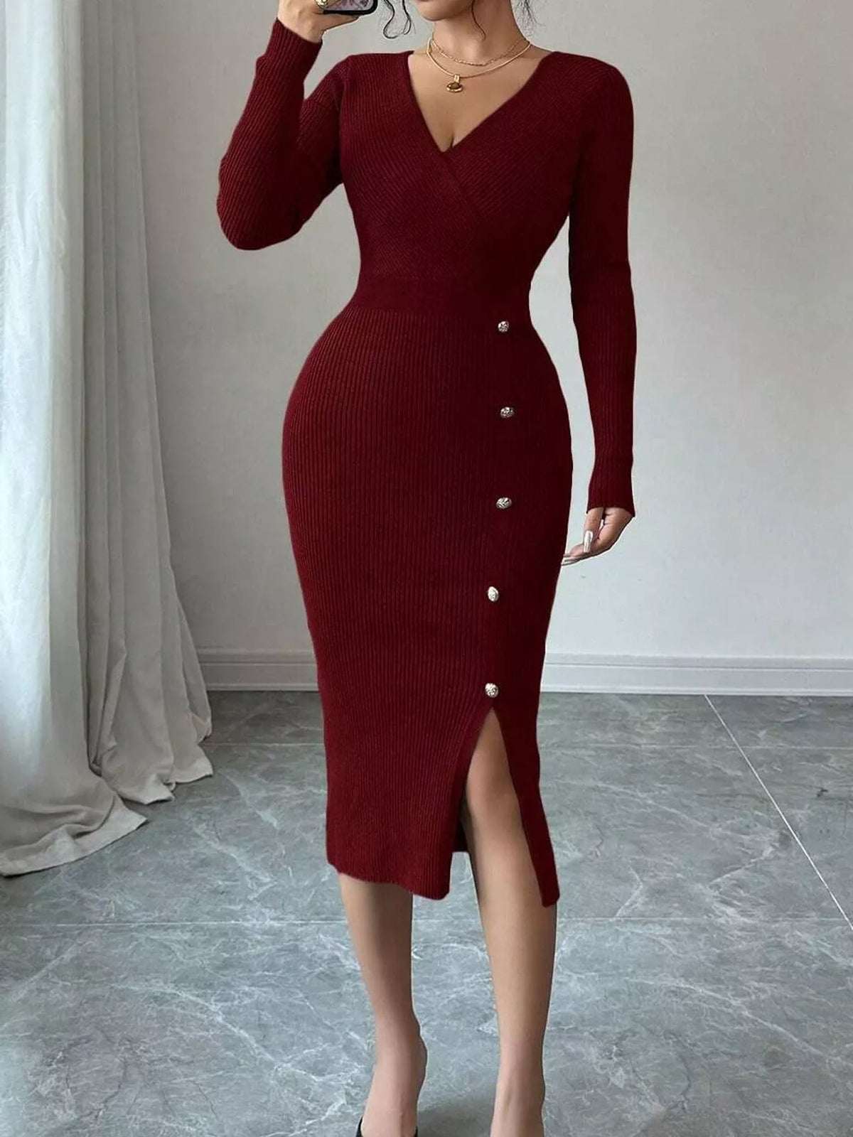 Ribbed Knit Sweater Dress with Decorative Buttons