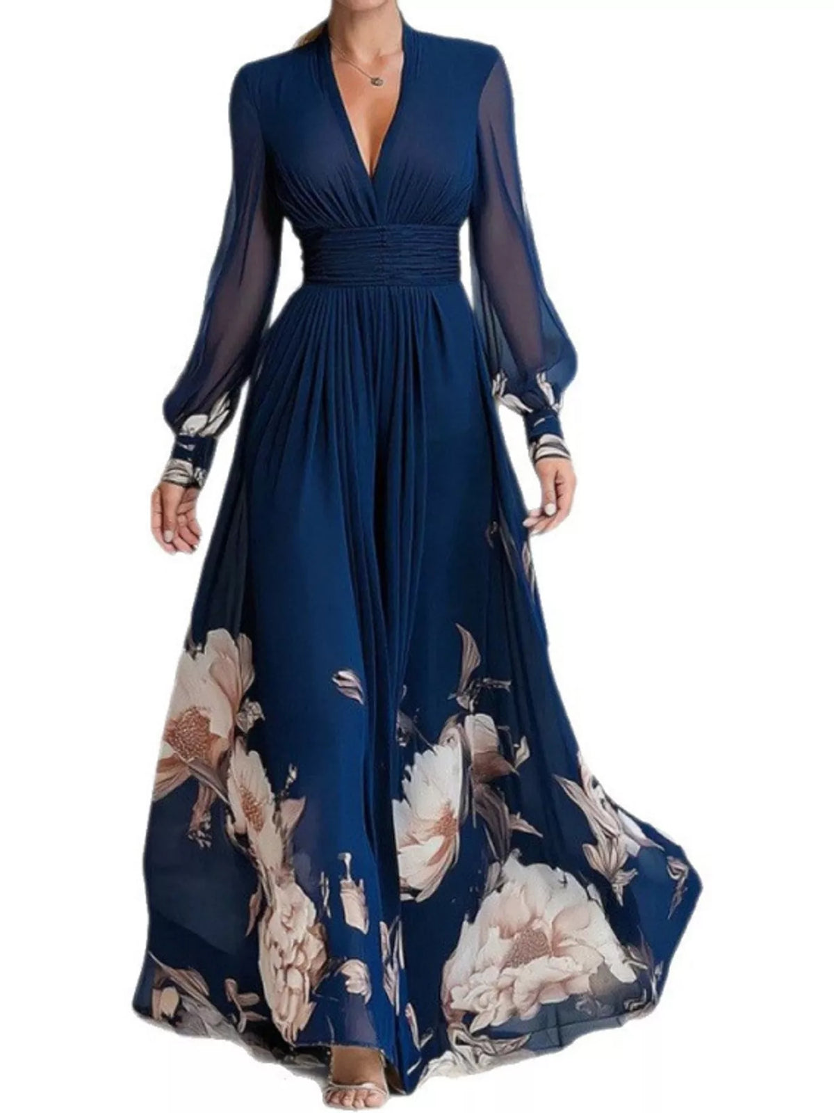 Floral V-Neck Sheer-Sleeve Ruched Maxi Dress