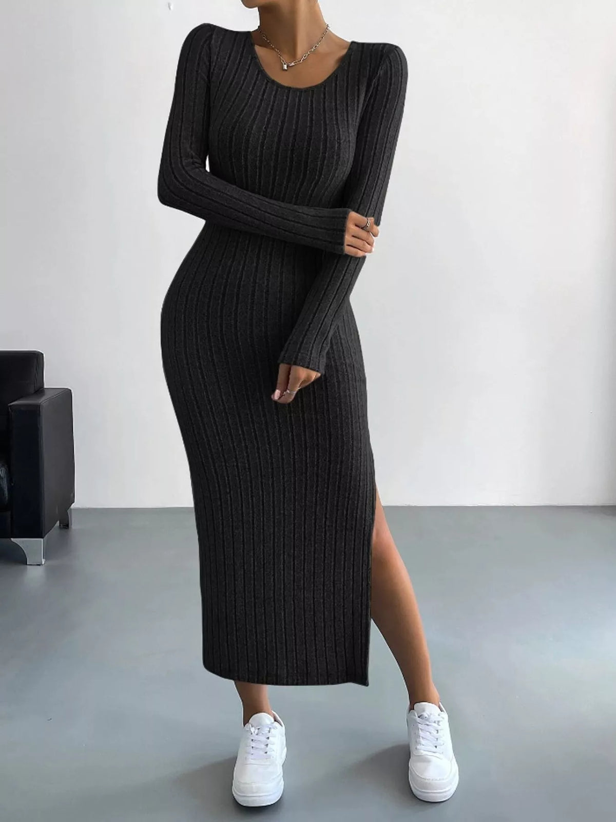 Long-Sleeve Side-Slit Ribbed Knit Midi Dress