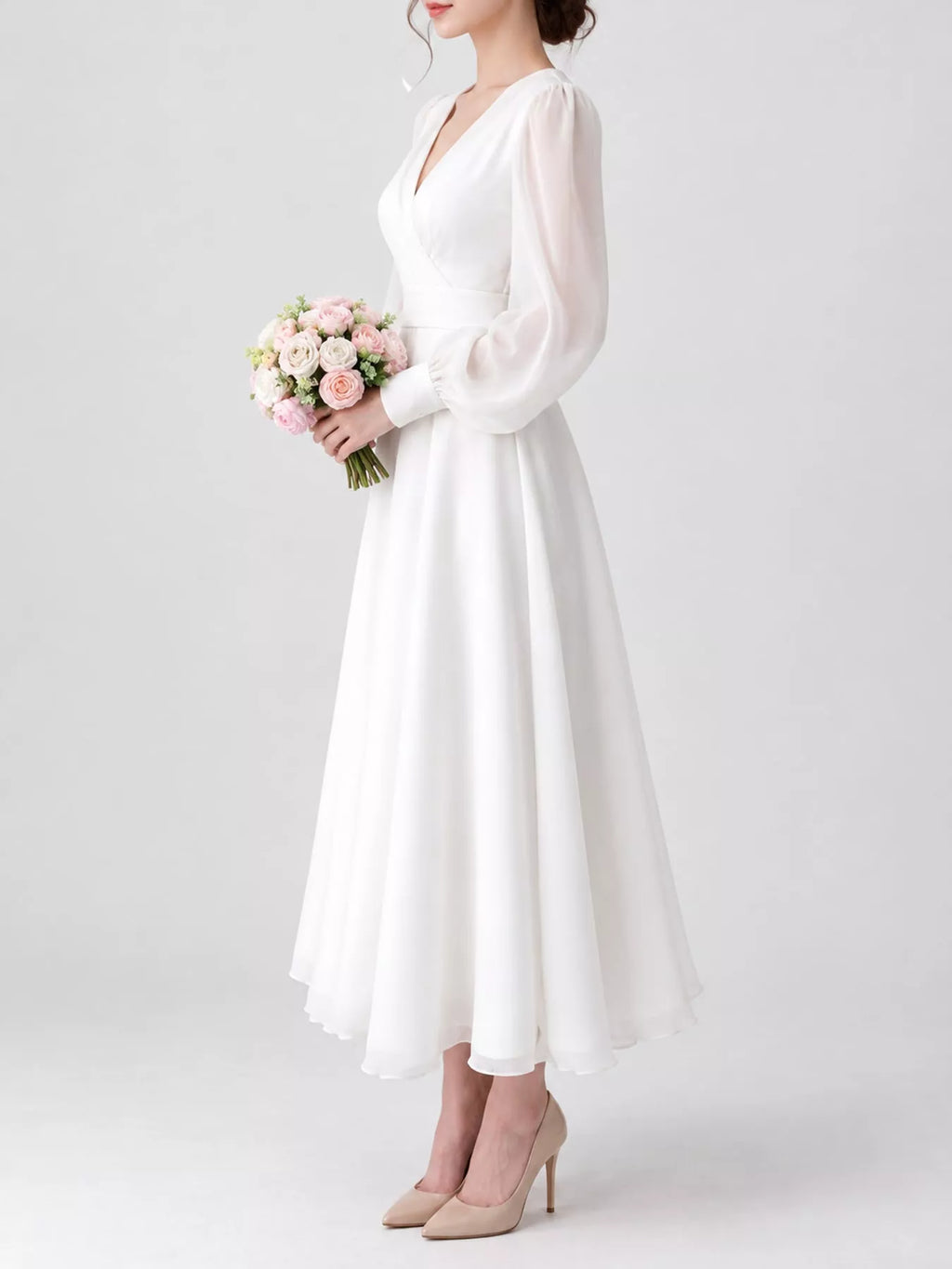 White Surplice Lantern-Sleeve Midi Dress
