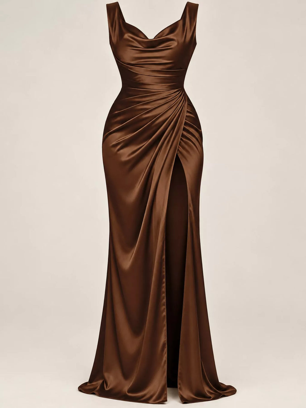 Satin Cowl-Neck Ruched High-Slit Maxi Dress