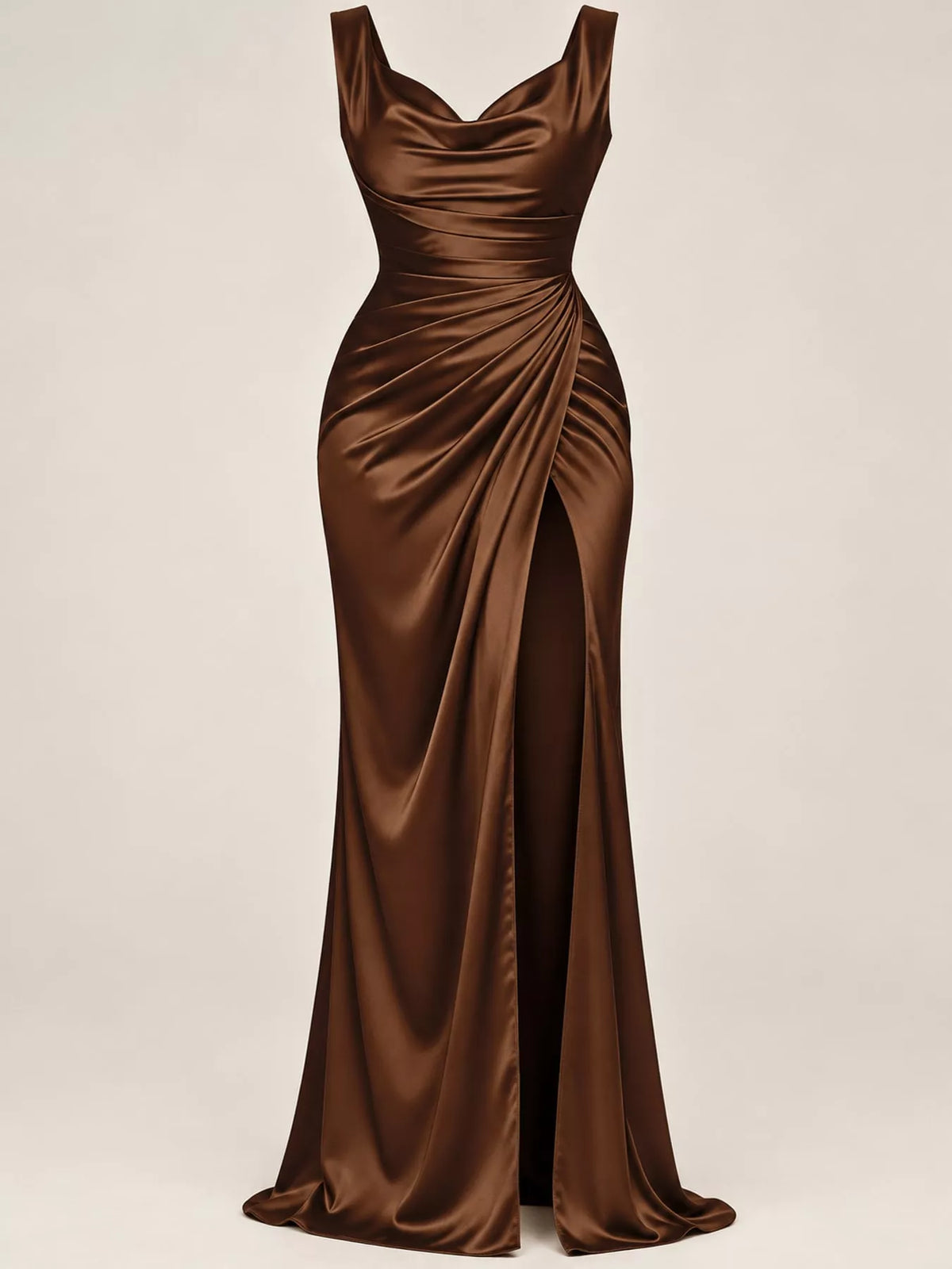 Satin Cowl-Neck Ruched High-Slit Maxi Dress