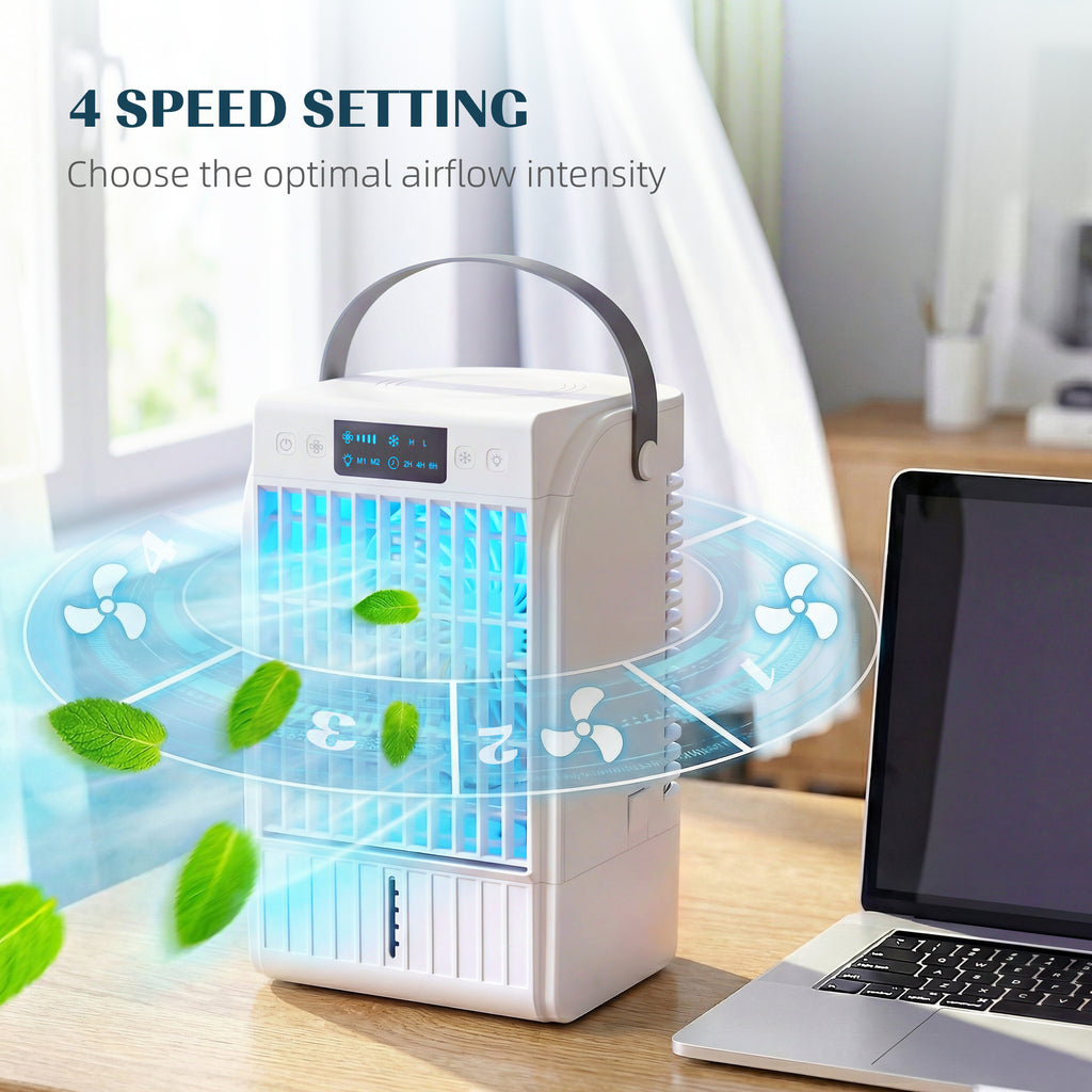 4-in-1 Portable Mini Air Conditioner — 1500ml Tank, 4 Wind Speeds, 6H Timer & RGB 7-Color LED — Prime Trend Market