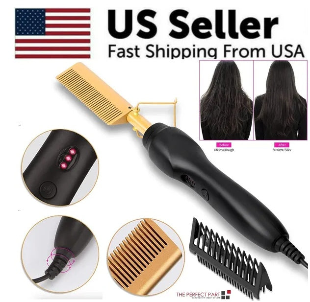 Pro Electric Hair & Beard Straightening Comb | Heat Styling Hot Comb Press | Men & Women | Black Gold — Prime Trend Market