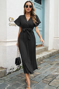 Flutter-Sleeve Belted Surplice Midi Dress