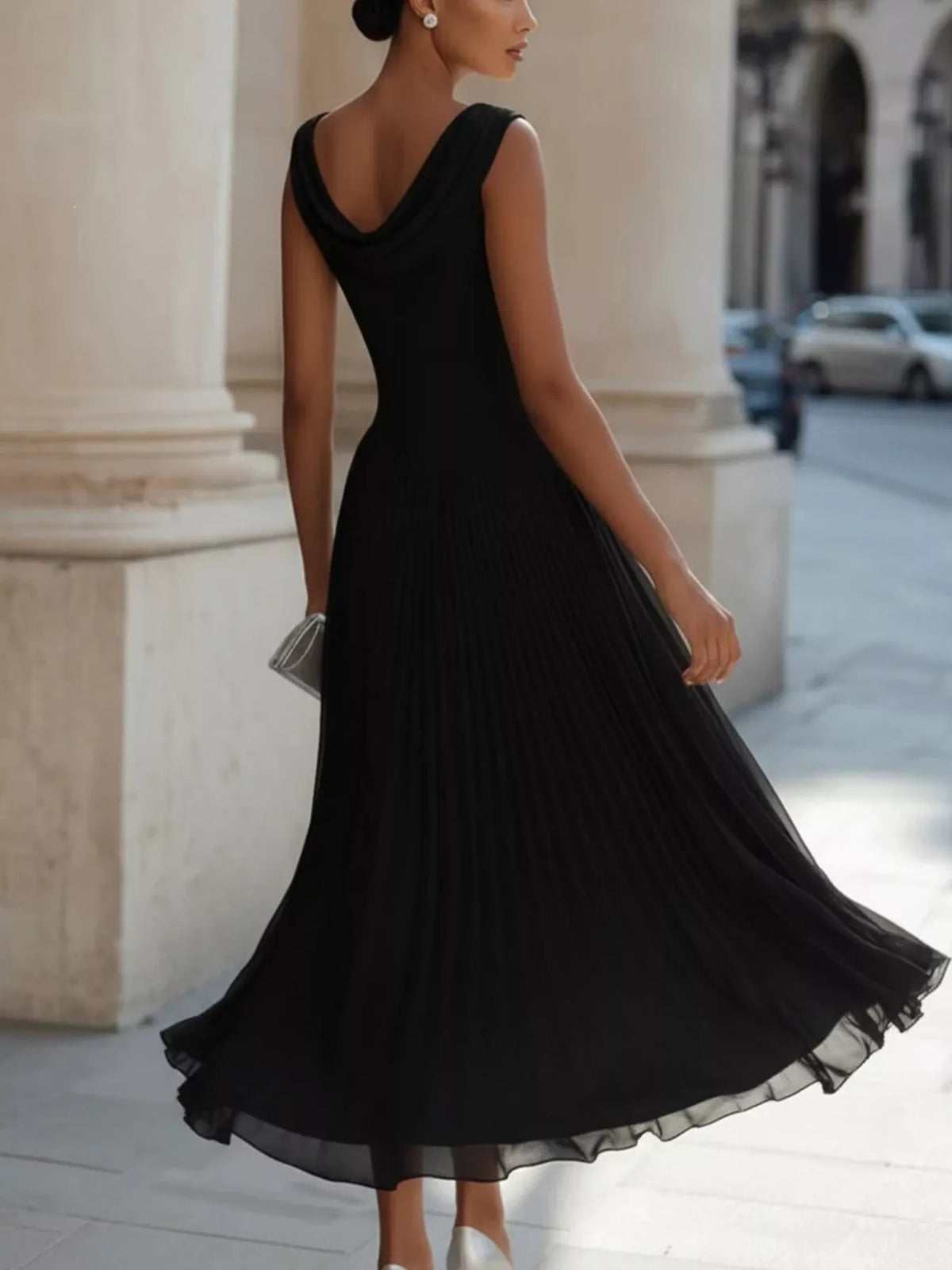 Draped-Neck Sleeveless Flared Midi Dress, S–3XL