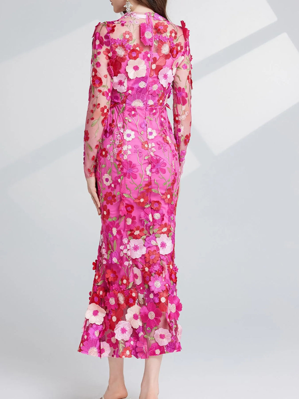 Floral-Embroidered Mesh Long-Sleeve Midi Dress