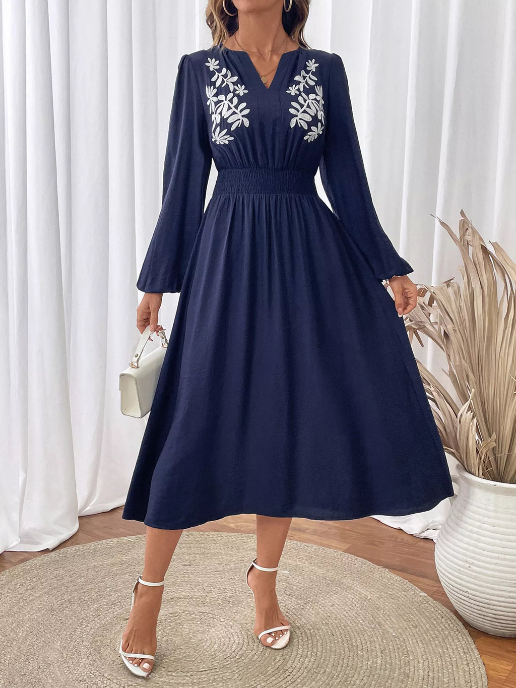 Navy Embroidered Notched-Neck Long-Sleeve Midi Dress