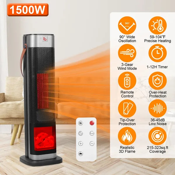 1500W Ceramic Tower Space Heater — 3D Flame Effect, 90° Oscillating, Remote Control & 12H Timer — Prime Trend Market