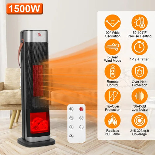 1500W Ceramic Tower Space Heater — 3D Flame Effect, 90° Oscillating, Remote Control & 12H Timer — Prime Trend Market