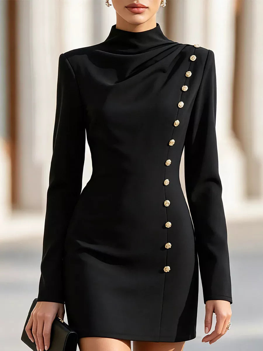 Mock-Neck Long-Sleeve Button-Detail Mini Dress