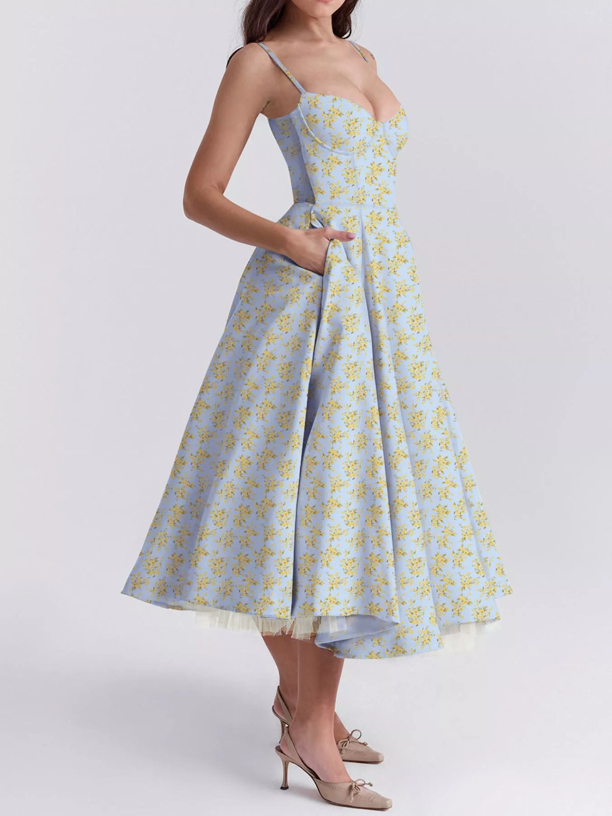 Sweetheart-Neck Pocketed A-Line Midi Dress