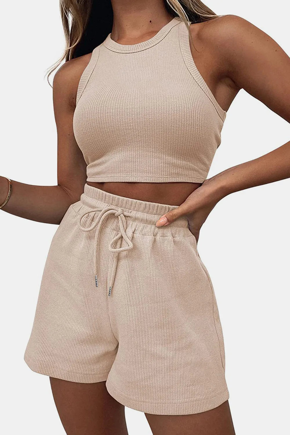 Round-Neck Crop Top & Drawstring Shorts Set