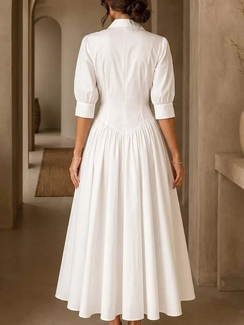 Collared Cinched-Waist Button-Front Midi Dress