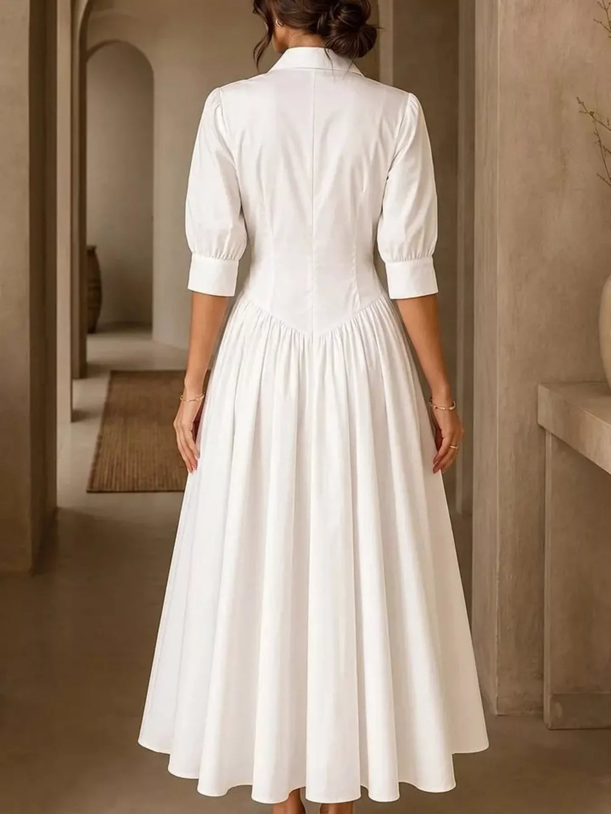 Collared Cinched-Waist Button-Front Midi Dress