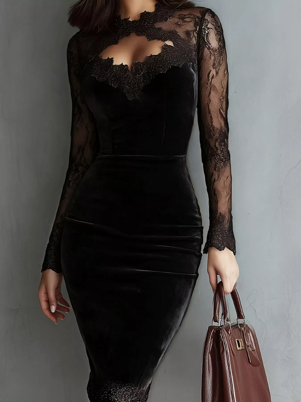 Long-Sleeve Velvet Lace Bodycon Dress