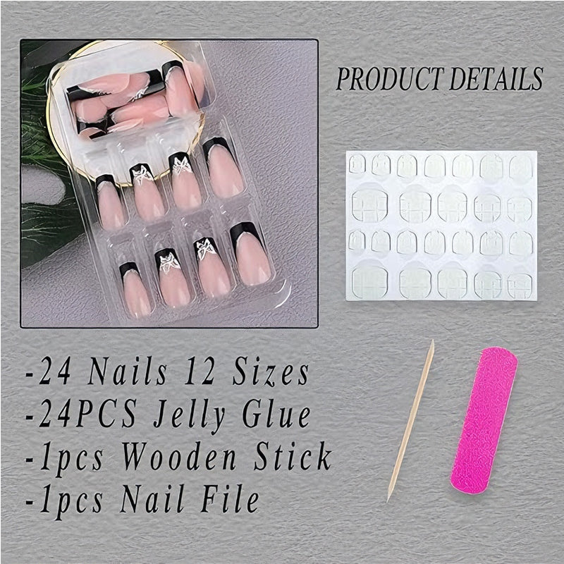 24 PCS Black P Ink Butterfly Nail Art, Long Length Long Water Pipe Fake Nails,Square Head Nail Tips False Nail — Prime Trend Market