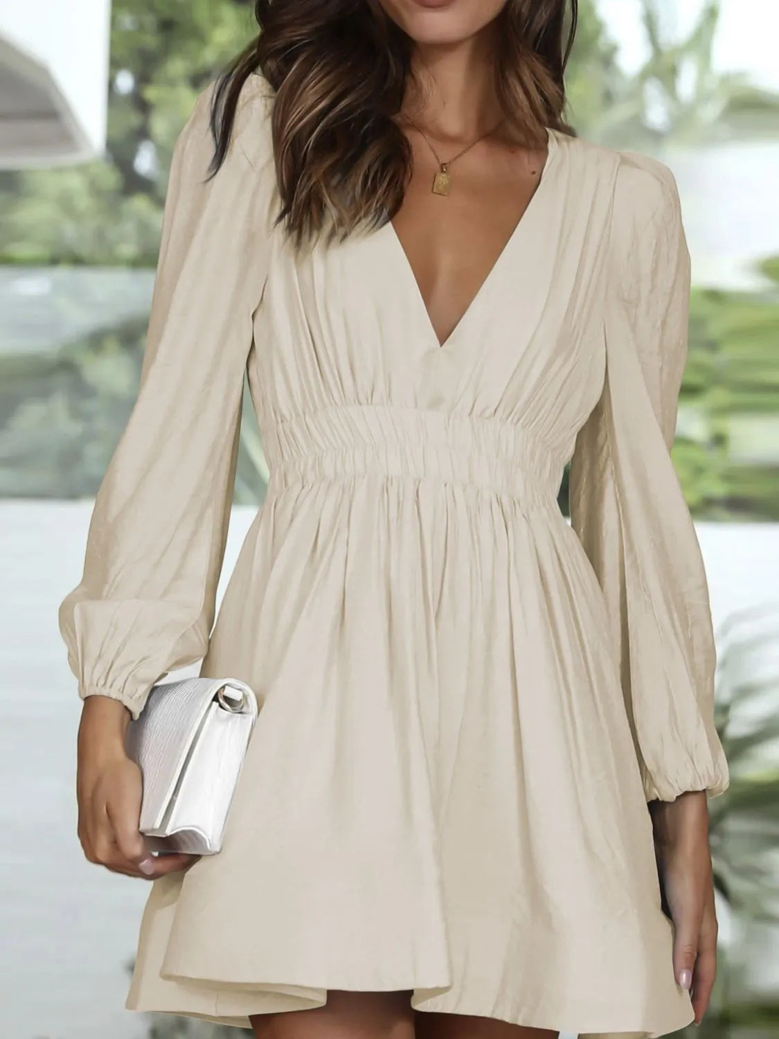 Ruched V-Neck Balloon-Sleeve Mini Dress