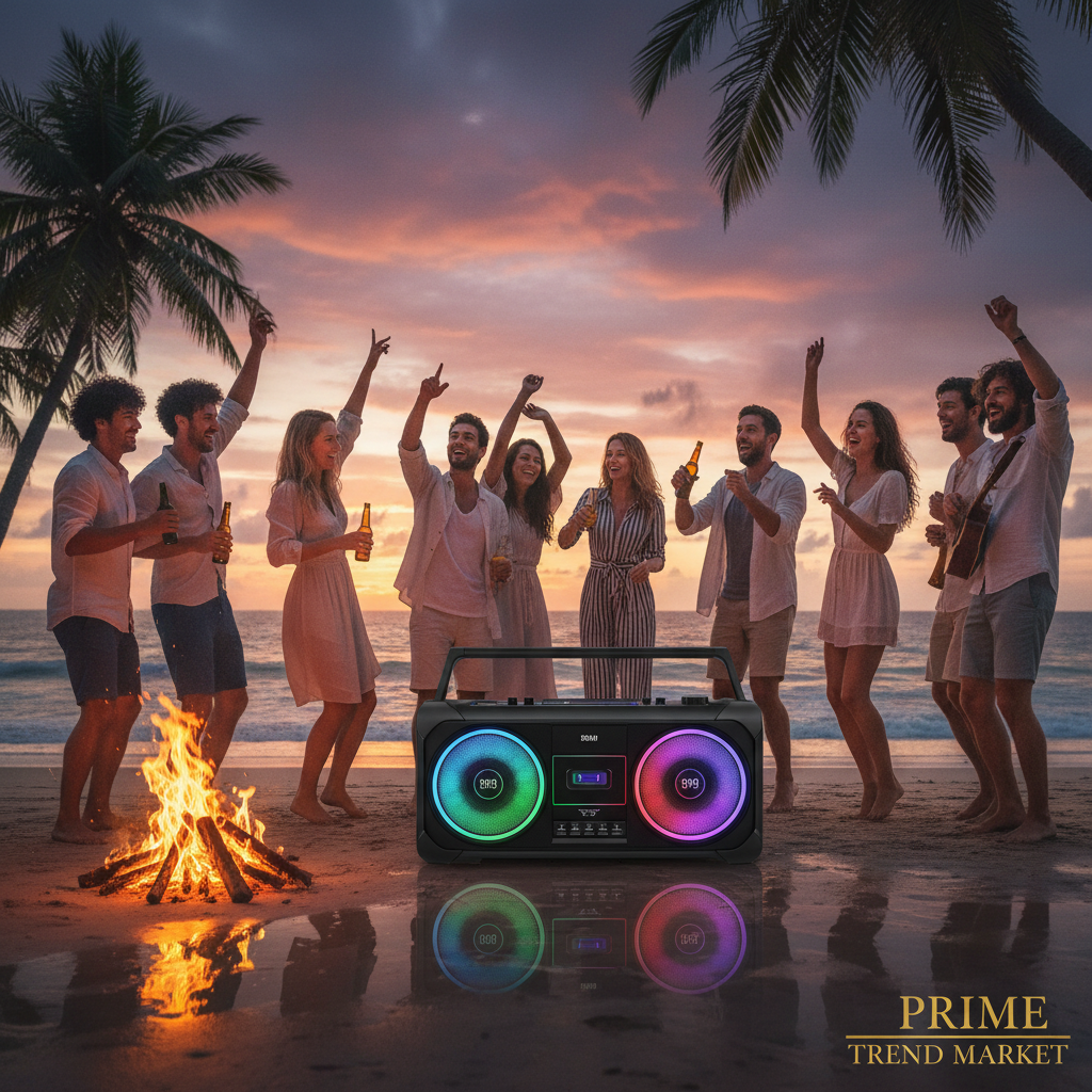 Portable Boombox Wireless Speaker with Disco LED Lights, Subwoofer & Wired Mic — Outdoor Party Speaker — Eliza & Tuan