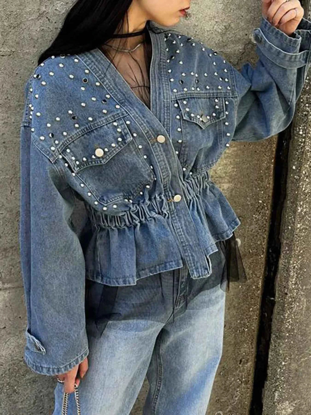 Studded Button-Up Denim-Look Jacket