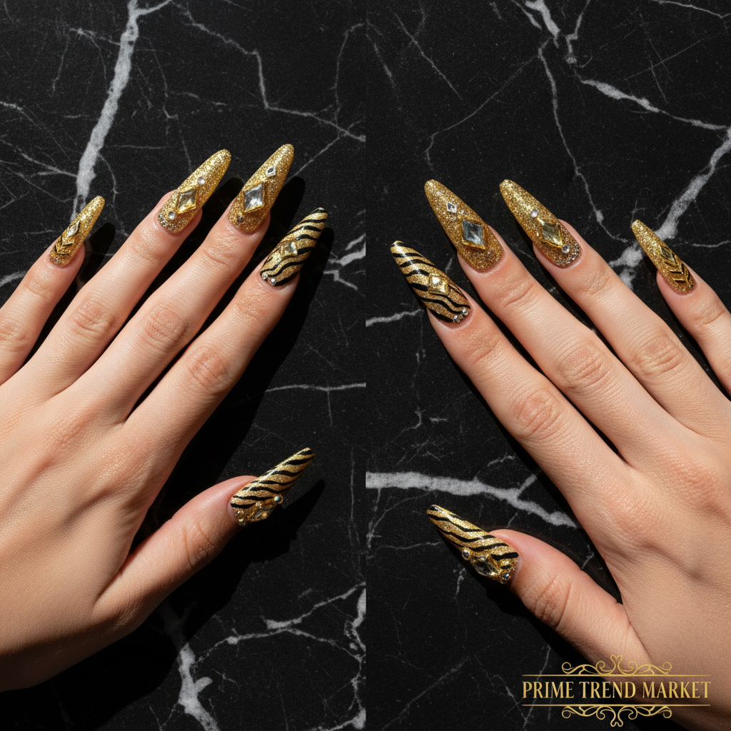 Diamond Zebra Press On Nails – Extra Long Stiletto, 3D Hand-Painted Glitter Gold UV Finish — Prime Trend Market