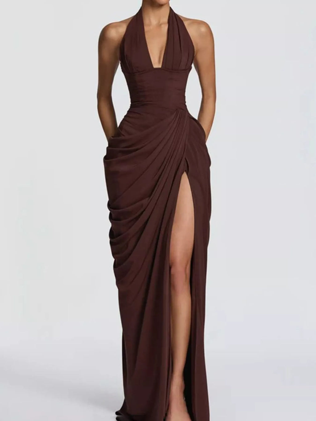 Halter-Neck Ruched High-Slit Maxi Evening Dress